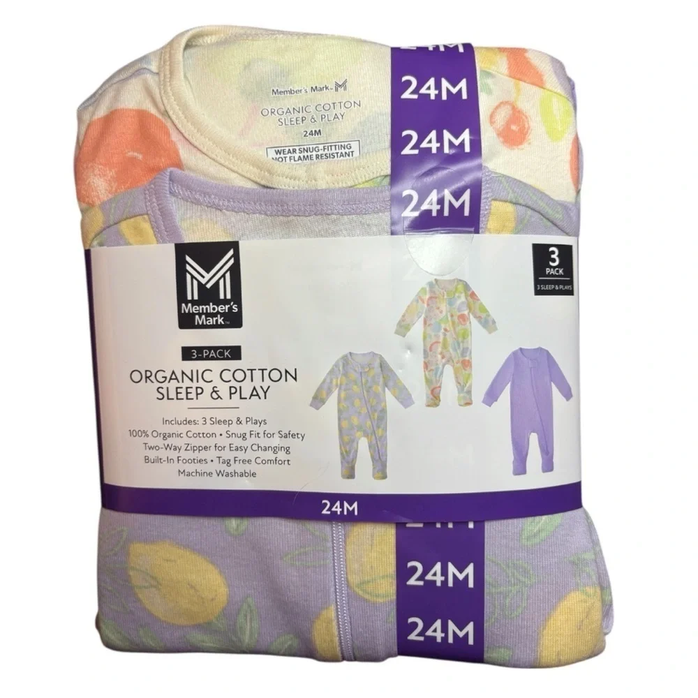 MEMBERS MARK 3 Pack Organic Cotton Sleep and Plays 24 Months